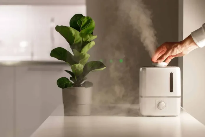 une main en train d'appuyer sur un humidificateur d'air