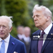 Britain’s King Charles III (L) and US President Donald Trump (R) speak to military personnel following a Beating Retreat military ceremony on the East Lawn at Windsor Castle, in Windsor, on September 17, 2025, during the US President’s second State Visit. US President Donald Trump arrived in Britain for an unprecedented second State Visit, with the UK government rolling out a royal red carpet welcome to win over the mercurial leader. (Photo by Andrew Matthews / POOL / AFP)